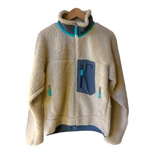 Patagonia Women Classic Retro-X Jacket Fleece Deep Pile Beige Grey & Green M New